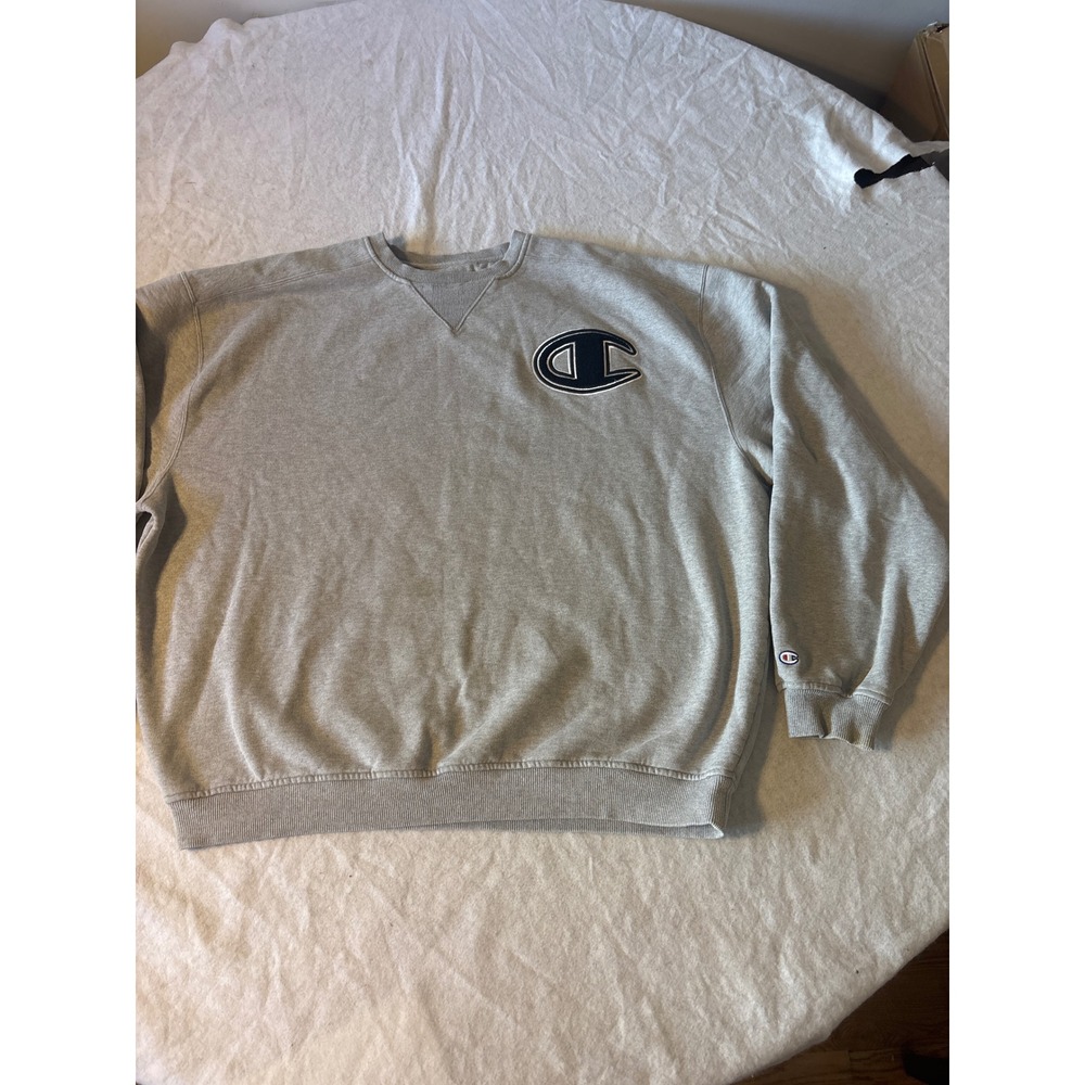 Champion Sweatshirt Mens 2XL Gray Big Logo Chenille Patch Pullover